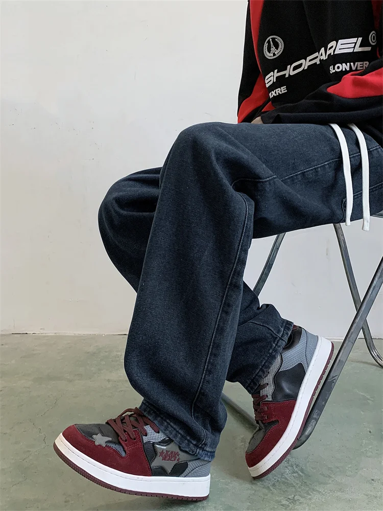 

Loose Wide Leg Men's Jeans Bla Retro American Straight Cut Casual Pants Elastic Waist Corduroy Summer Faion Trendy Brand