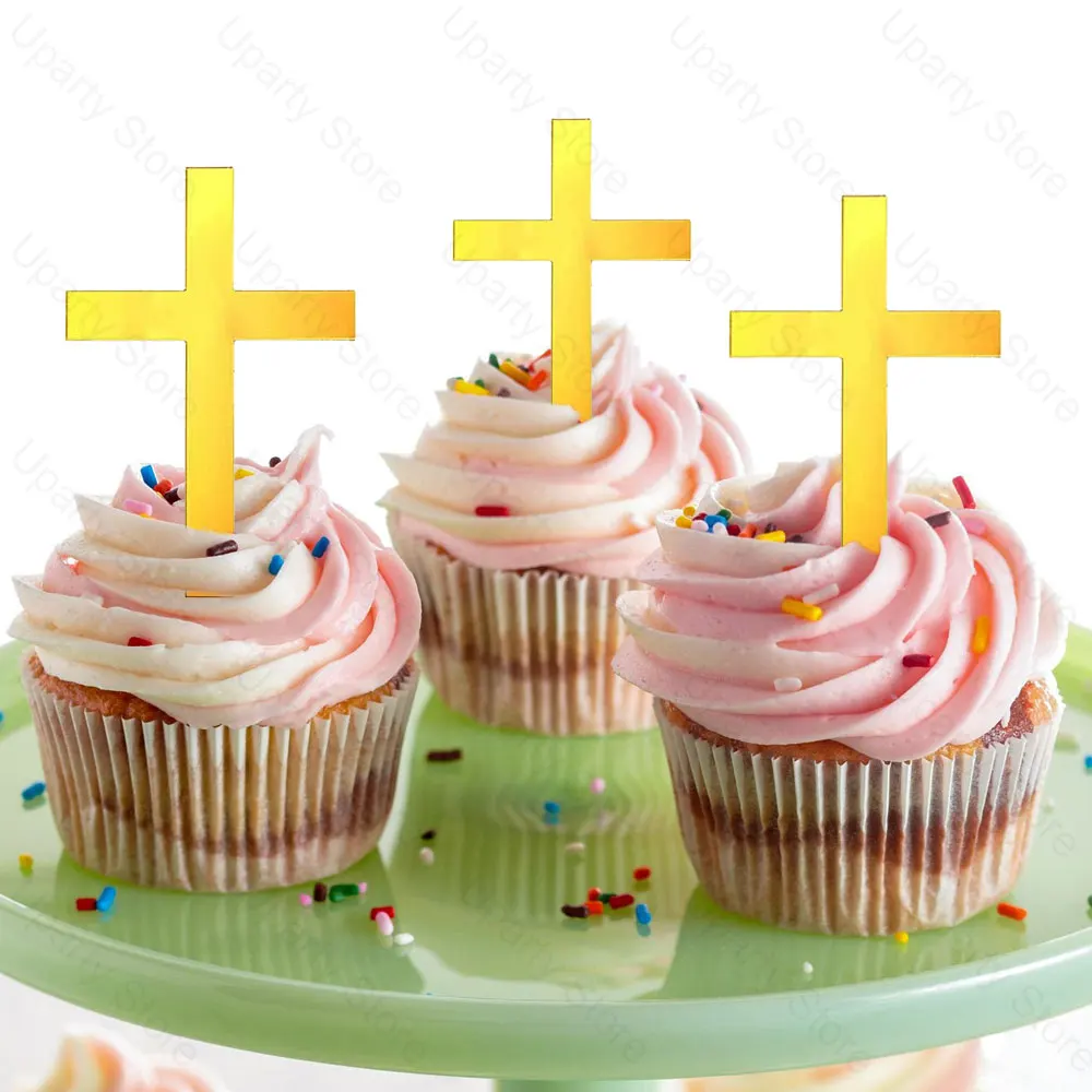 12/24Pcs Acrylic Cross Cake Toppers Mirror Gold Cross Cupcake Toppers for Baby Shower Christen Birthday Baptism Cake Decor Favor