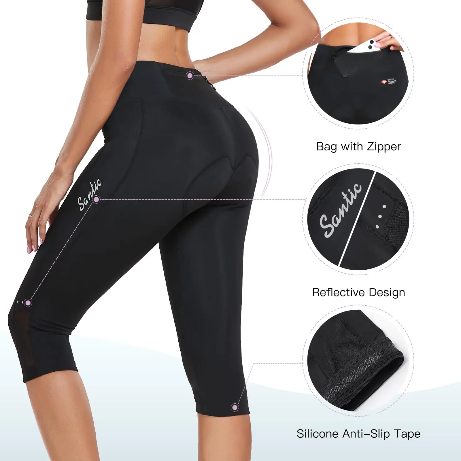 Santic Damen-Radhose mit gepolsterter 3/4-Radhose, Reitshose mit Taschen – Detail 6