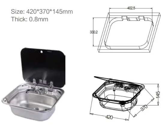 Yacht Boat Camper Motorhomes RV Caravan Stainless Steel Basin Sink With Glass Lid And Tap Faucet Dometic 420*370*145mm