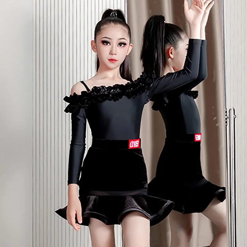 Crianças meninas trajes de dança latina babados eage cinta bodysuit e saias de veludo crianças rumba chacha desempenho dancewear