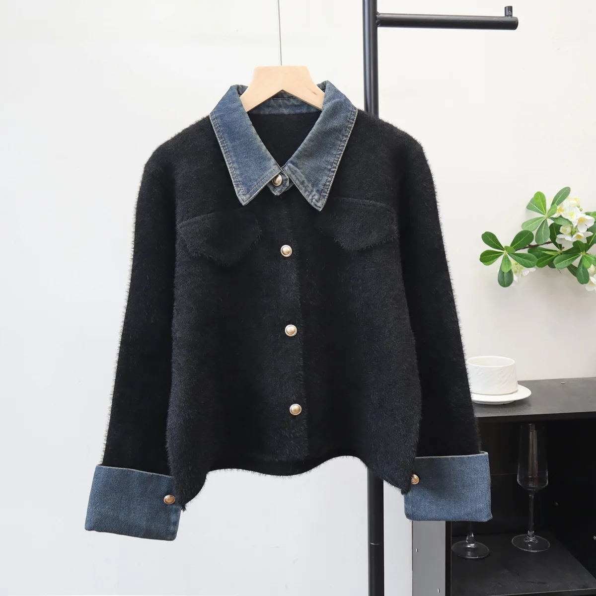 

Women Denim Knitted Cardigan Sweaters Faux Mink Fur Jumpers Spliced Pocket Turn Down Collar Single Breasted 2025 Autumn Winter