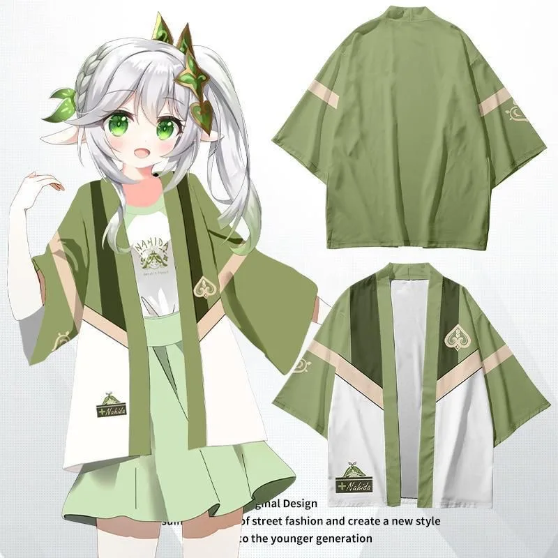 2023 Genshin Impact Nahida Cosplay Kimono T-shirt and Shorts Set Summer Short Sleeve Haori Cloak Streetwear Harajuku Tops