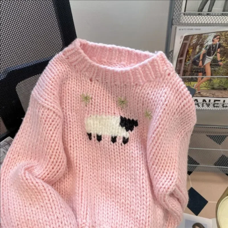 Preppy Style Cartoon Knitted Women Korean Sweet Short Sweaters Pink Y2k Kawaii Sheep Pullovers O Neck Sueter Mujer