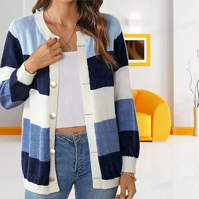 

New Fashion Spring and Summer Women Long Sleeve Loose Knitted Sweater Cardigan Ladies Casual Color Block Cardigan Clothes