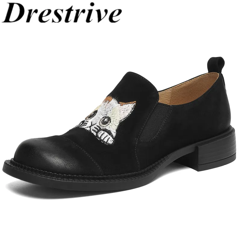 

Drestrive 2025 Classic Handmade Loafers Cat Cow Suede Round Toe Thick Low Heels High Quality Women's Pumps New Shoes