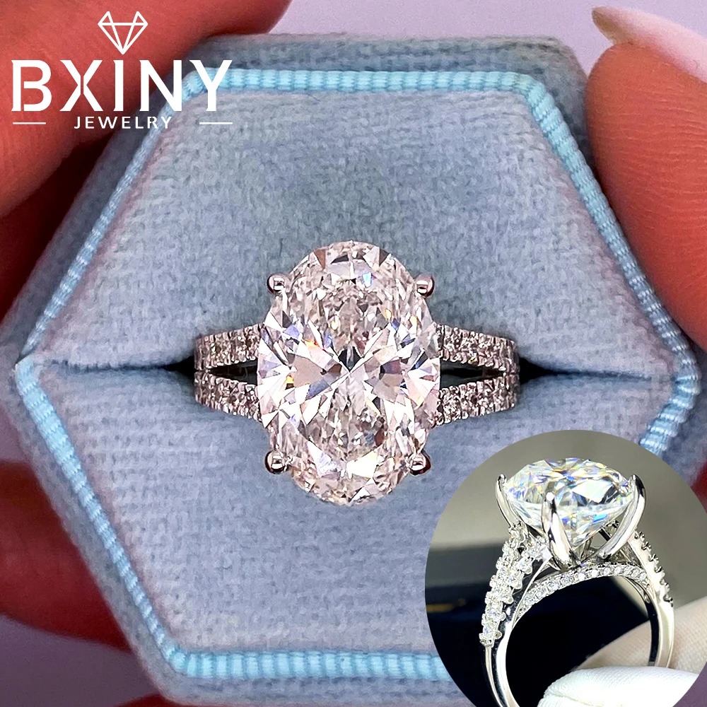BXINY 10CT Oval Cut All Moissanite Ring 925 Sterling Silver for Women Split Shank Pave Bands Wedding Jewelry Gifts GRA Certified