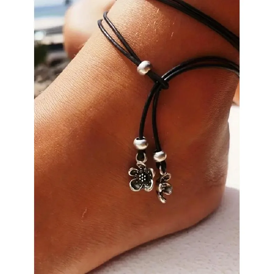 Boho Style Plum Blossom Flower Shape PU Rope Anklet for Wome