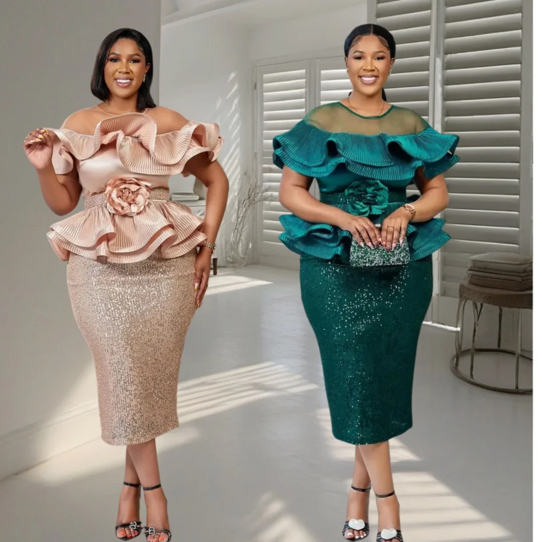 

2026 New Plus Size European African Evening Dress Turkish Sequin Ruffle Long Dress Women Elegant Wedding Party Gown
