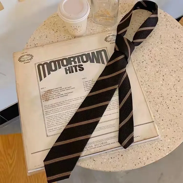 Coffee Striped Jk Tie Girl Japanese College Style Tie-free Printed Brown Tie Polyester Silk Ties For Man Striped Jacquard Cravat