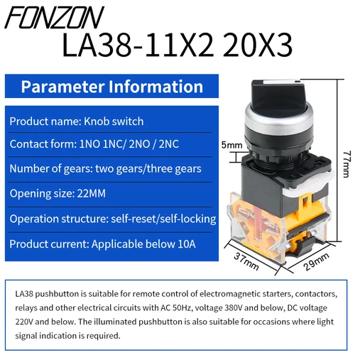 Imagen 2 del producto 22mm LA38-11X2 20X3 interruptor Selector 1NO1NC/2NO/2NC 2/3 interruptores giratorios de engranaje interruptor de perilla autobloqueo/enganche momentáneo de reinicio automático
