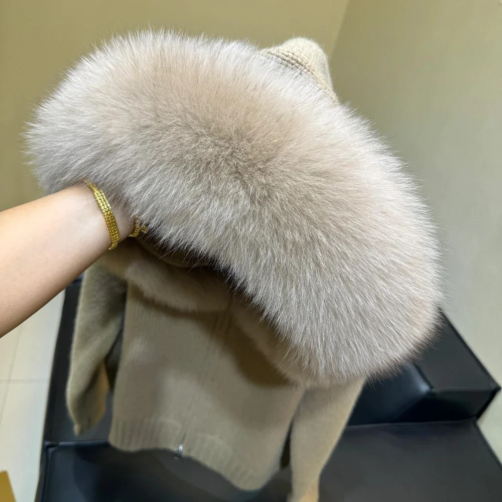 Reality Fur Coat Cardigan Women Spring Fashion Knitted Jacket Female Autumn Knitwear Hooded Real Fox Fur Coat Natural Casual