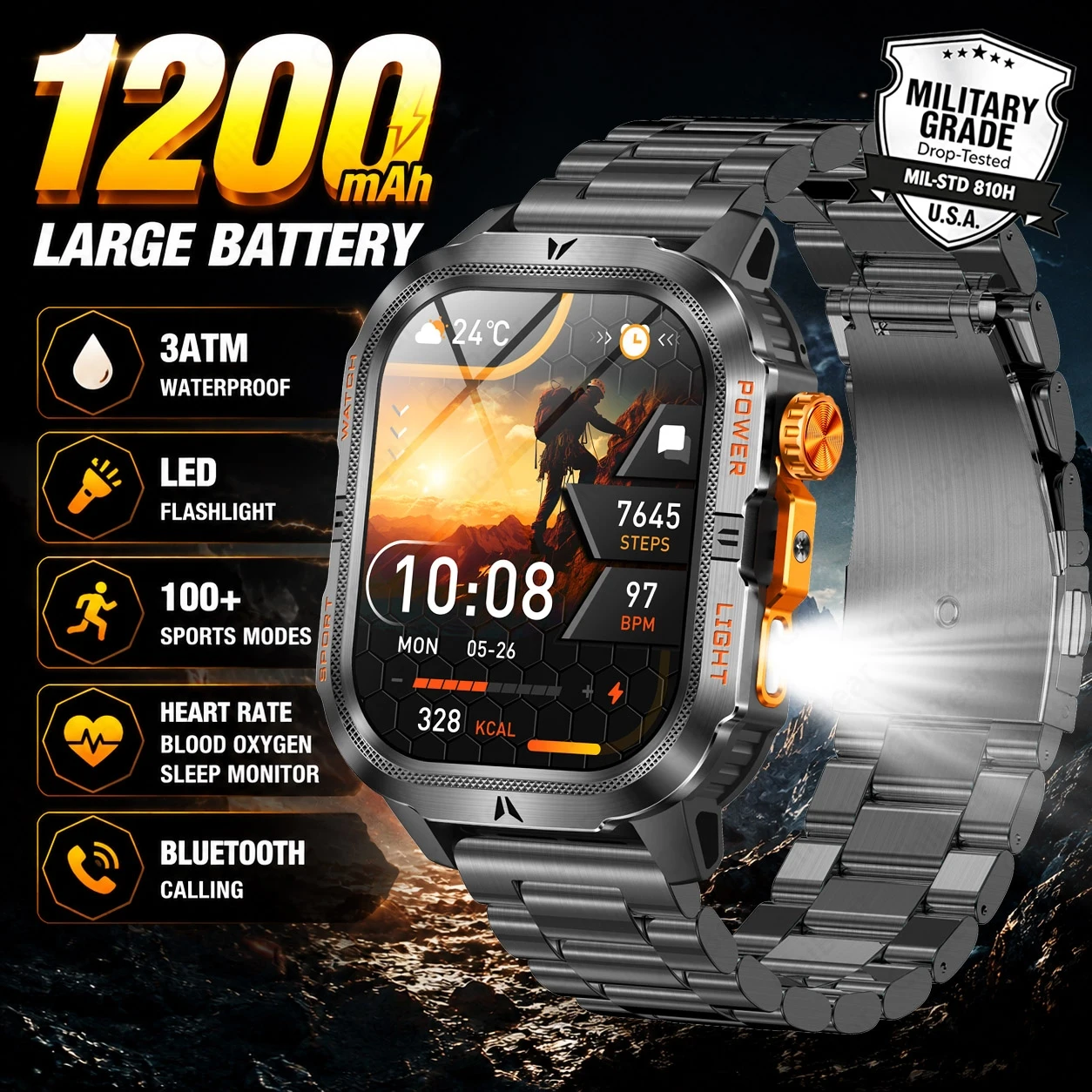 2026New Outdoor Sports SmartWatch Men 1200mAh Big Battery 2.01-inch AMOLED Screen Military-Grade 100+Sports Mode Smart Watch Men
