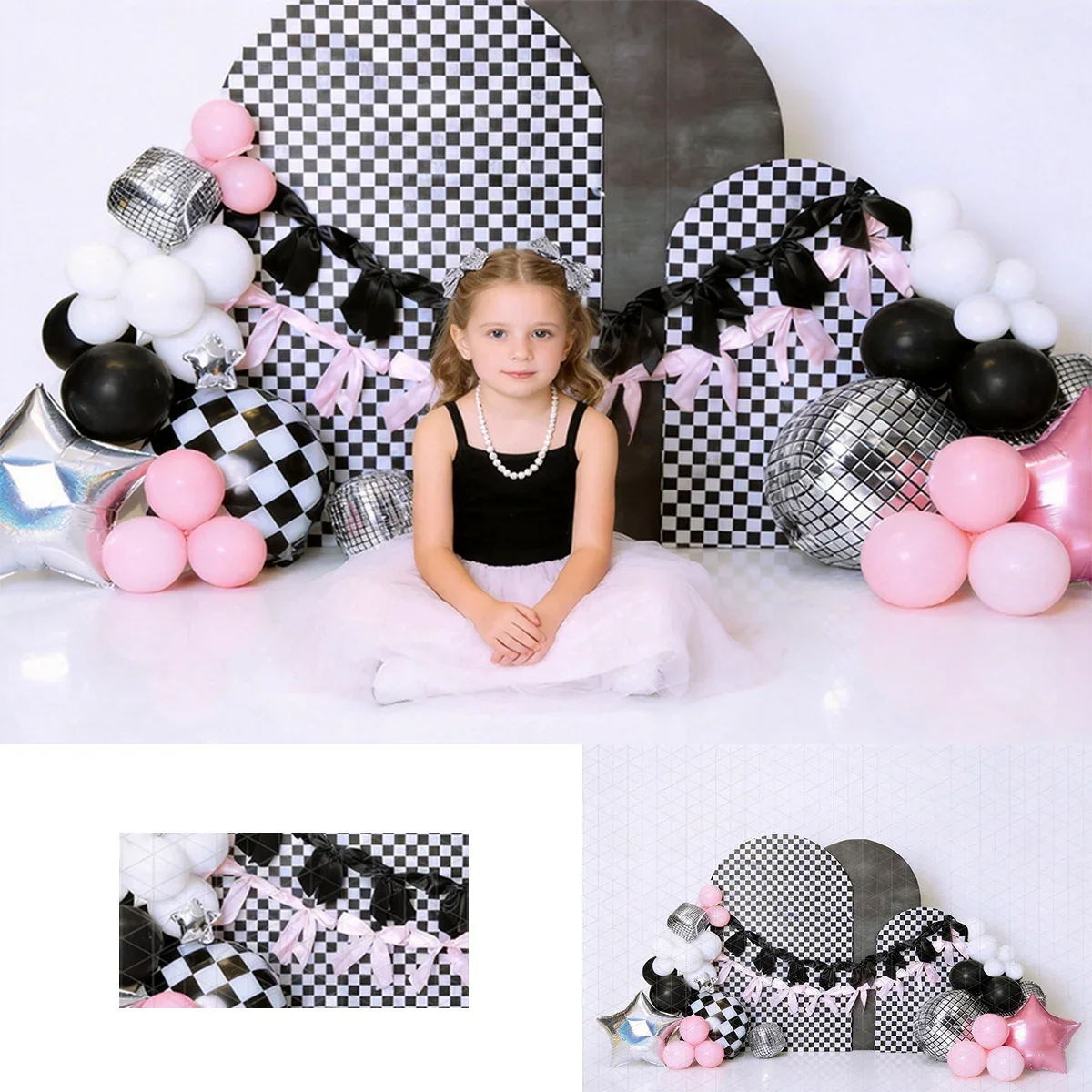Black White Checkered Photography Backdrop Pink Balloon Disco Party Scene for Kids Birthday Photoshoots