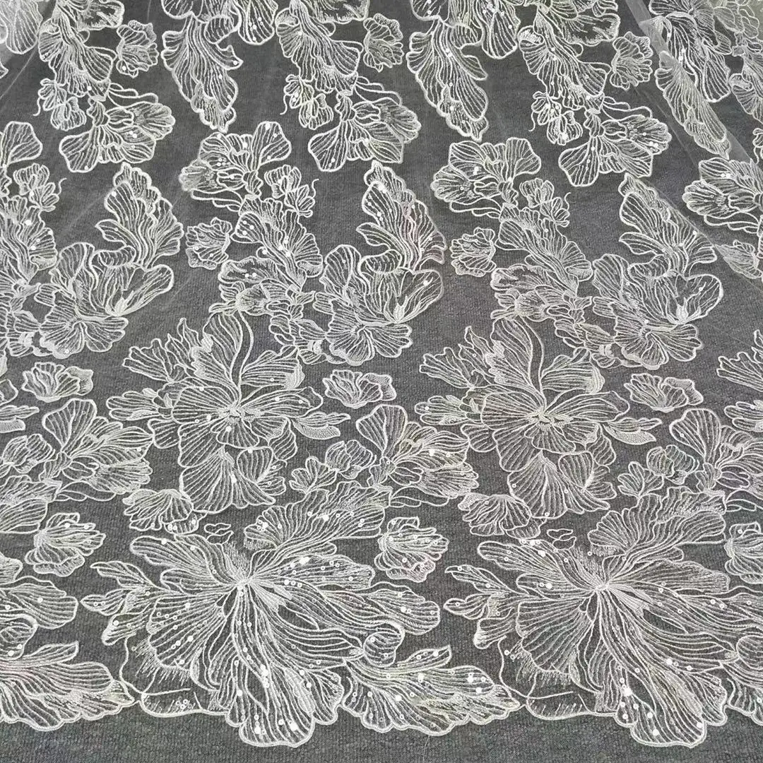 Higher quality lace fabric bridal dress lace fabric with sequins 130cm width lace fabric sell by yard