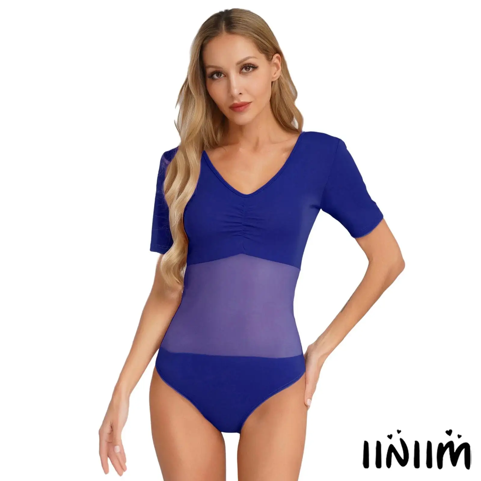 

Womens Belly Dance Leotard V Neck Short Sleeve Mesh Spliced Button Crotch Bodysuit Jumpsuit Ballet Dance Performances Costume