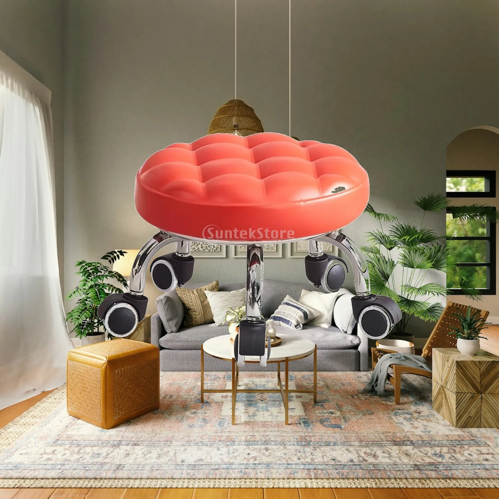 Swivel Rolling Seat for Children Tufted Leather Padded Stool on Wheels Low Profile Round Seat for Beauty Salon Vanity