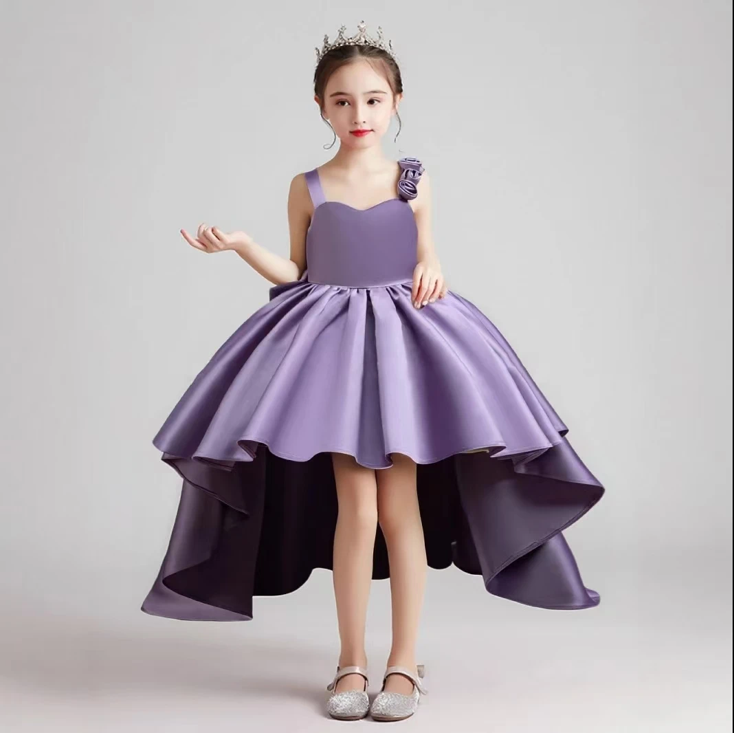Girls Princess Purple Satin Tailed Bridesmaid Dress 4-8 Year Old Christmas Show Dress Girl Festival Performance Evening Dress