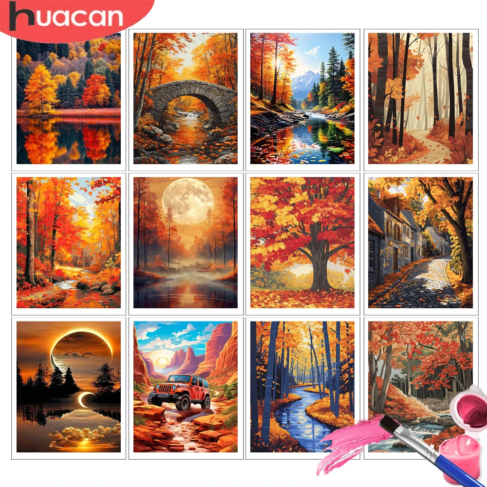 HUACAN Painting With Numbers Kits Autumn Landscape Forest Tree Scenery Home Decor Drawing Canvas Gift For Diy Wall Set