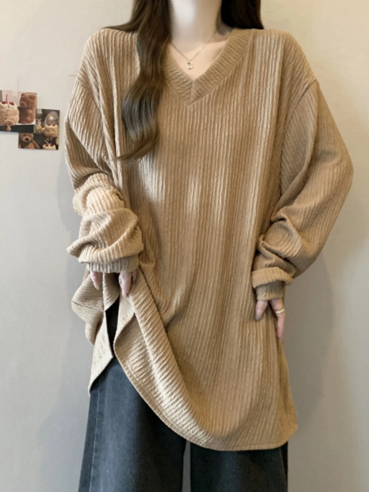 Loose V-neck Sweatshirt Women's Autumn New plus Size Fat MM Slimming Mid-length Butt Covering Top Korean Style Lazy Style