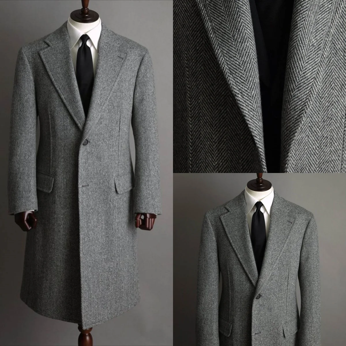

Classic Men Coat Wool Blends Herringbone Single Breasted Jacket Autumn Winter Long Overcoat Formal One Piece Custom Made
