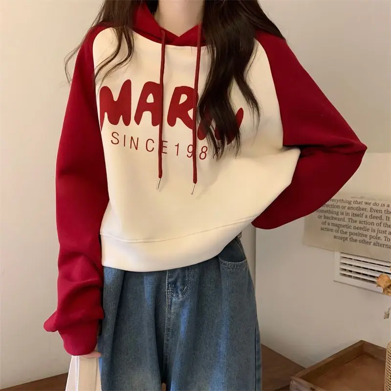 Yasuk Autumn Winter Casual Pullover Hoodie Sport Women Student Girl Loose Versatile Bandage Pocket Solid Patchwork Letters