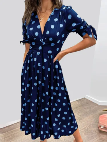 Cross-border Explosion of the New Deep V Polka Dot Thin Dress