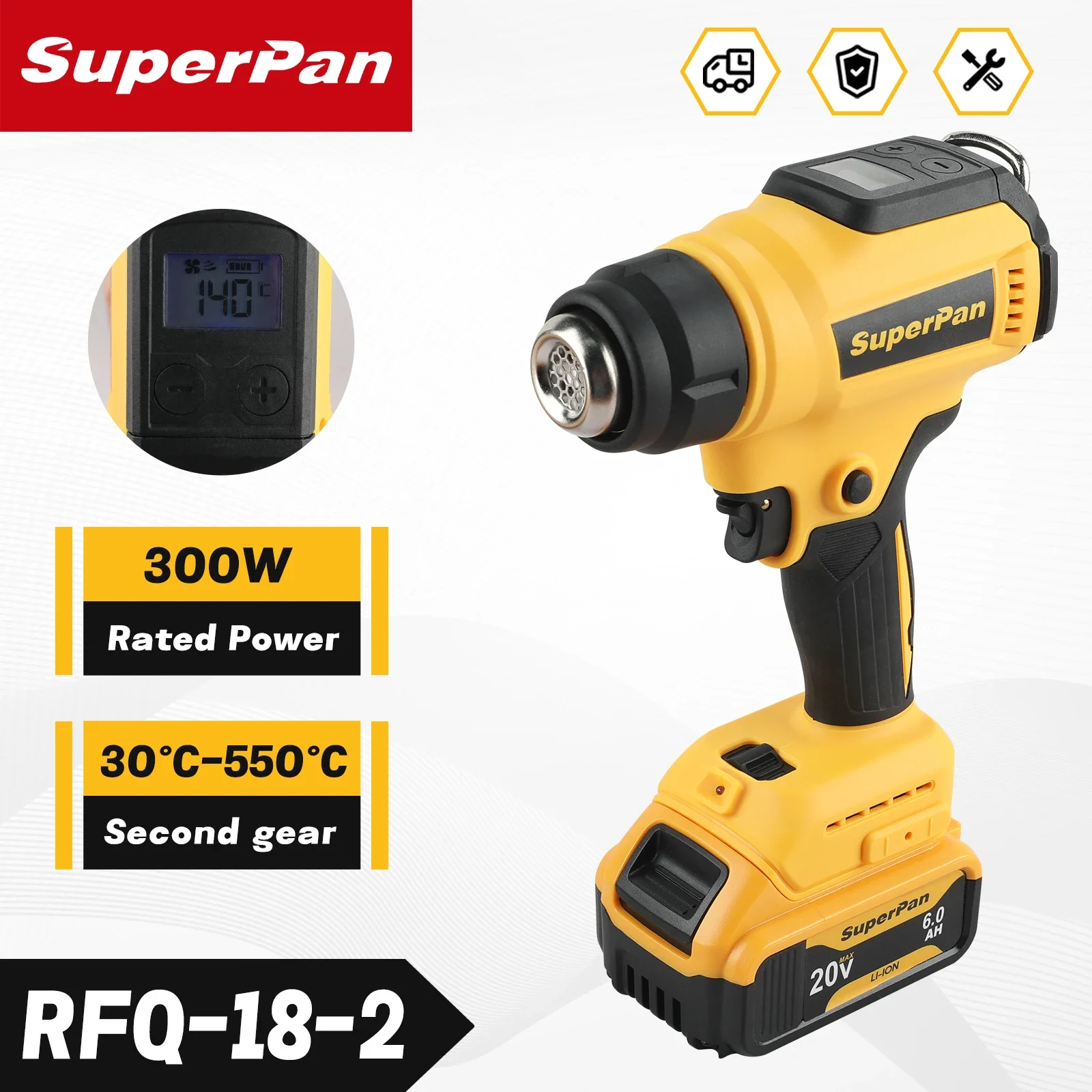 

Superpan adjustable display compatible For， DEWALT18V battery temperature cordless Hotair gun 550℃ heat gun with nozzle and LED