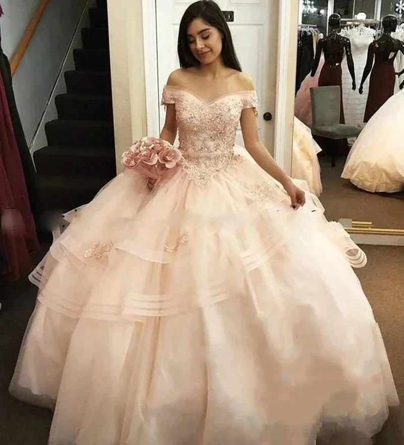 Vestido elegante De princesa para quinceañera, traje rosa con hombros descubiertos, apliques De cuentas, dulce 16, fiesta Formal De cumpleaños, 15 años