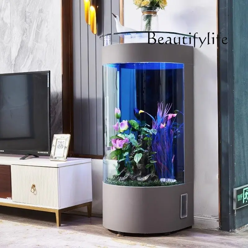 Hot Curved Arc Fish Tank Living Room Home Semicircle Wall Small and Medium Sized TV Cabinet beside Ecological Fish Tank