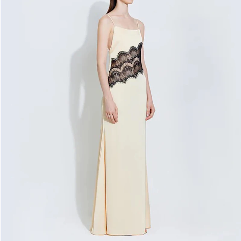 우아한 여성용 민소매 새틴 롱 드레스, 패션 레이스 패치워크 솔리드 이브닝 파티 드레스, 섹시한 오프숄더 슬림 서스펜더 드레스