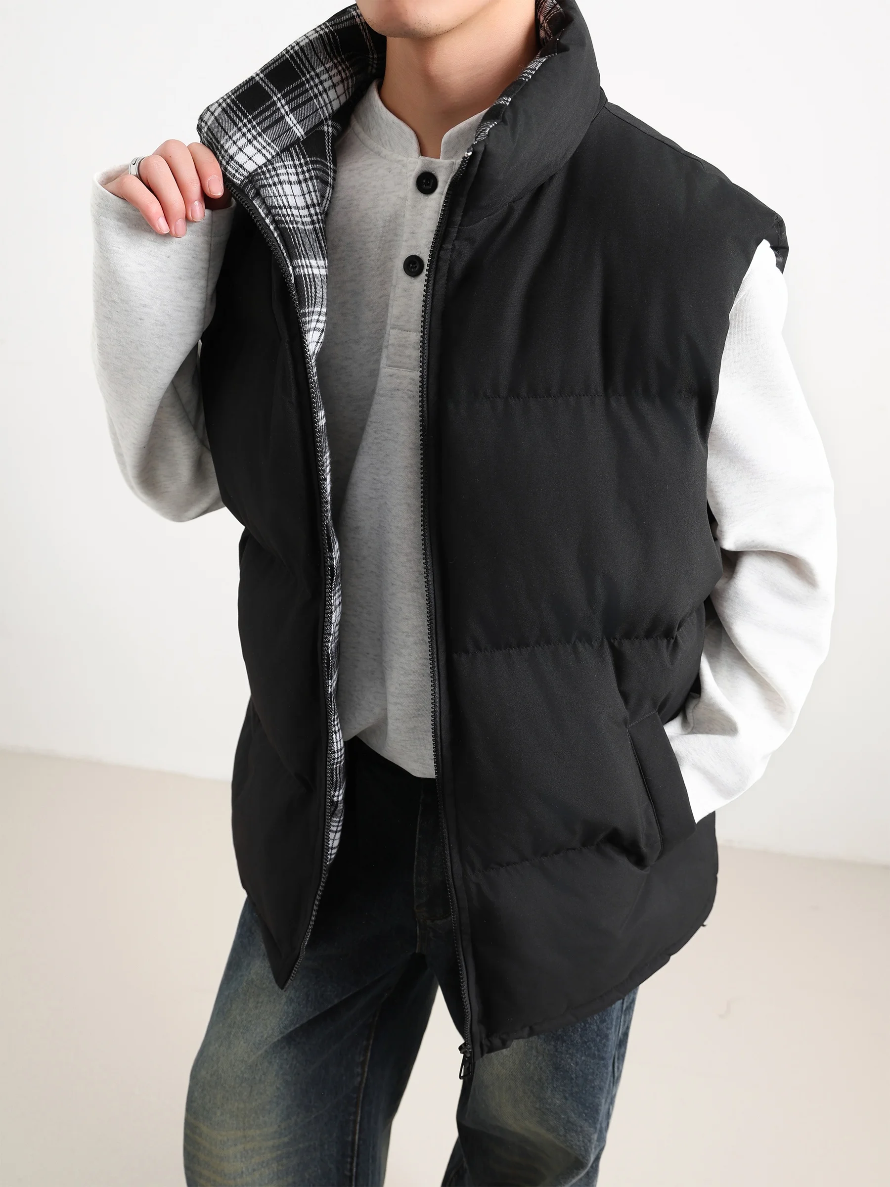 

Cotton Vest Men's Autumn Winter Outerwear Plaid Patchwork Stand Collar Svel GPOUHO Brand Casual Faion Outer Jaet