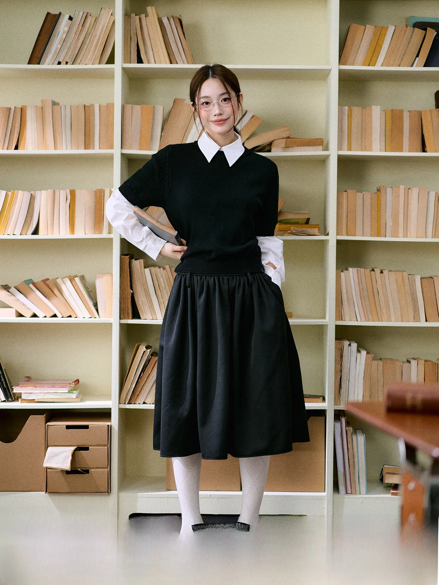 

Bla Vintage Simple A-Line Midi Skirt Women's Winter Cute Ele Pleated f-length Polyester Wool Blend mid Waist