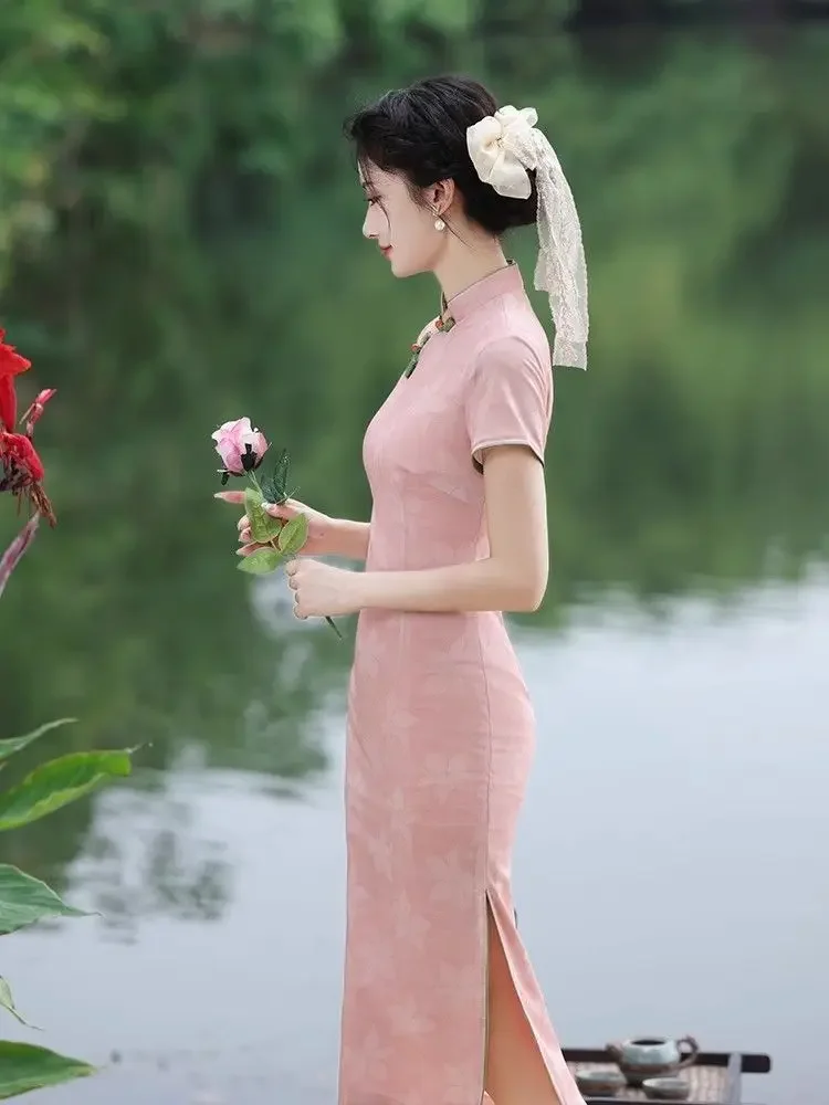Pink Cheongsam Women 2025 New Young Style Elegant Vintage New Chinese Girl Qipao Style Summer Beautiful Dress