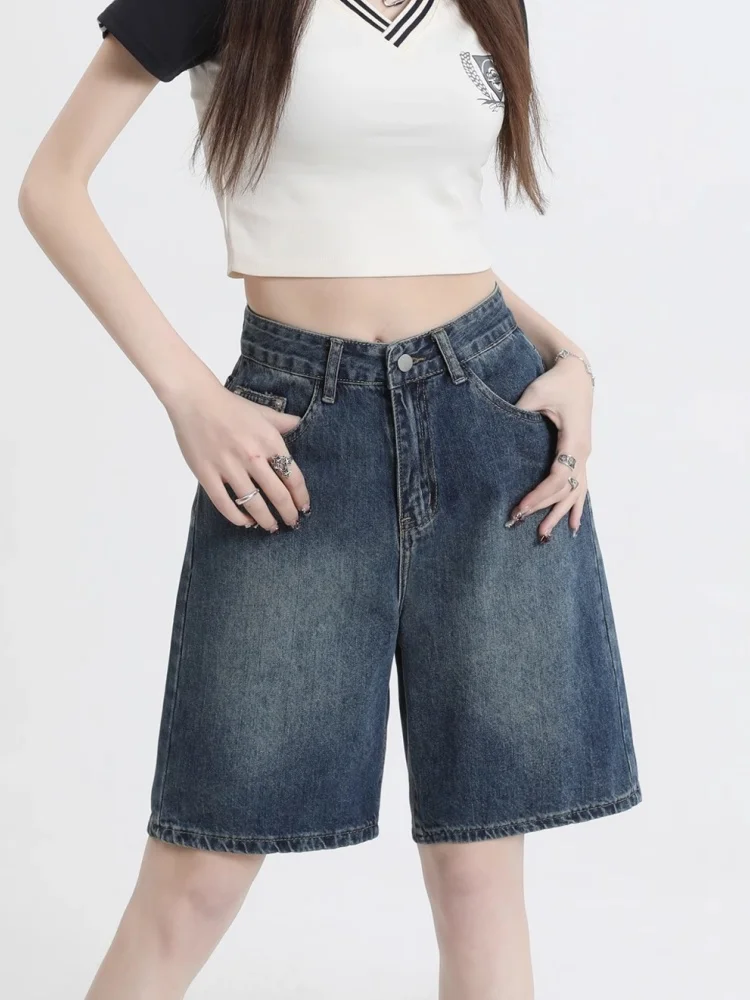 Blue Retro High Waist Denim Shorts for Women Summer Loose Straight Wide Leg Short Pants Chic Versatile Jean Knee-length Shorts ﻿