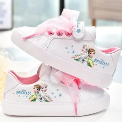 Disney-zapatos de pu con lazo blanco para niña, zapatillas deportivas antideslizantes de fondo suave, informales, princesa frozen, regalo