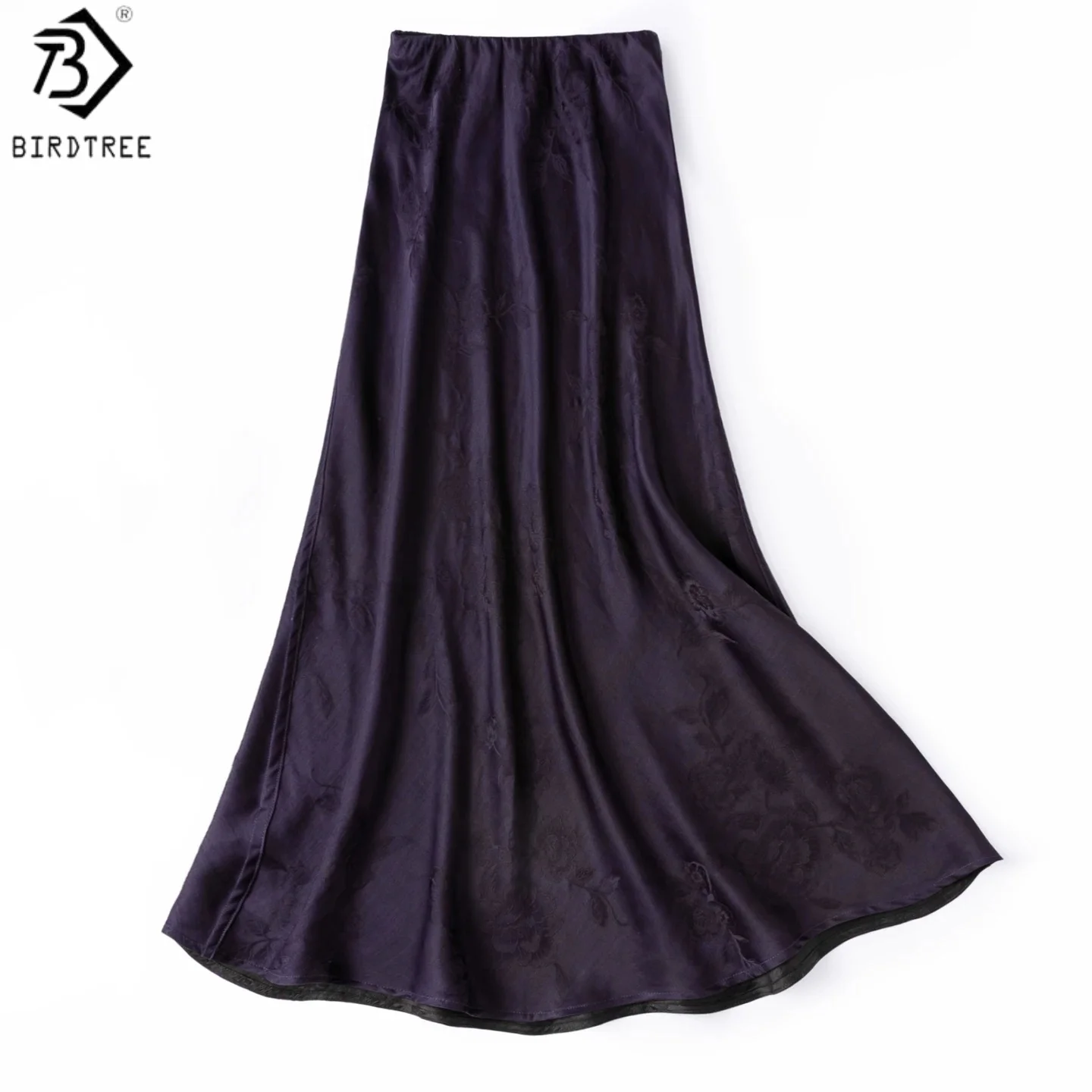Birdtree, 100% Real Silk Fishtail Skirt, Elastic Waist, Bias-cut, Women Floral Luo Xiangyunsha Skirts, 2026 Autumn New D67616JF