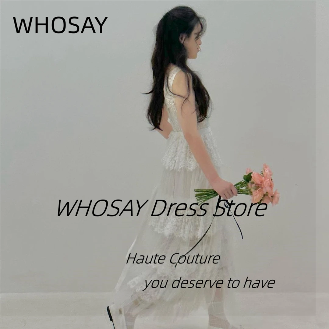 WHOSAY Princess Wedding Dresses V Neck Sleeveless Korea Bridal Gowns Zipper Back Tiered Lace Long Elegant Birthday Party 웨딩드레스 L