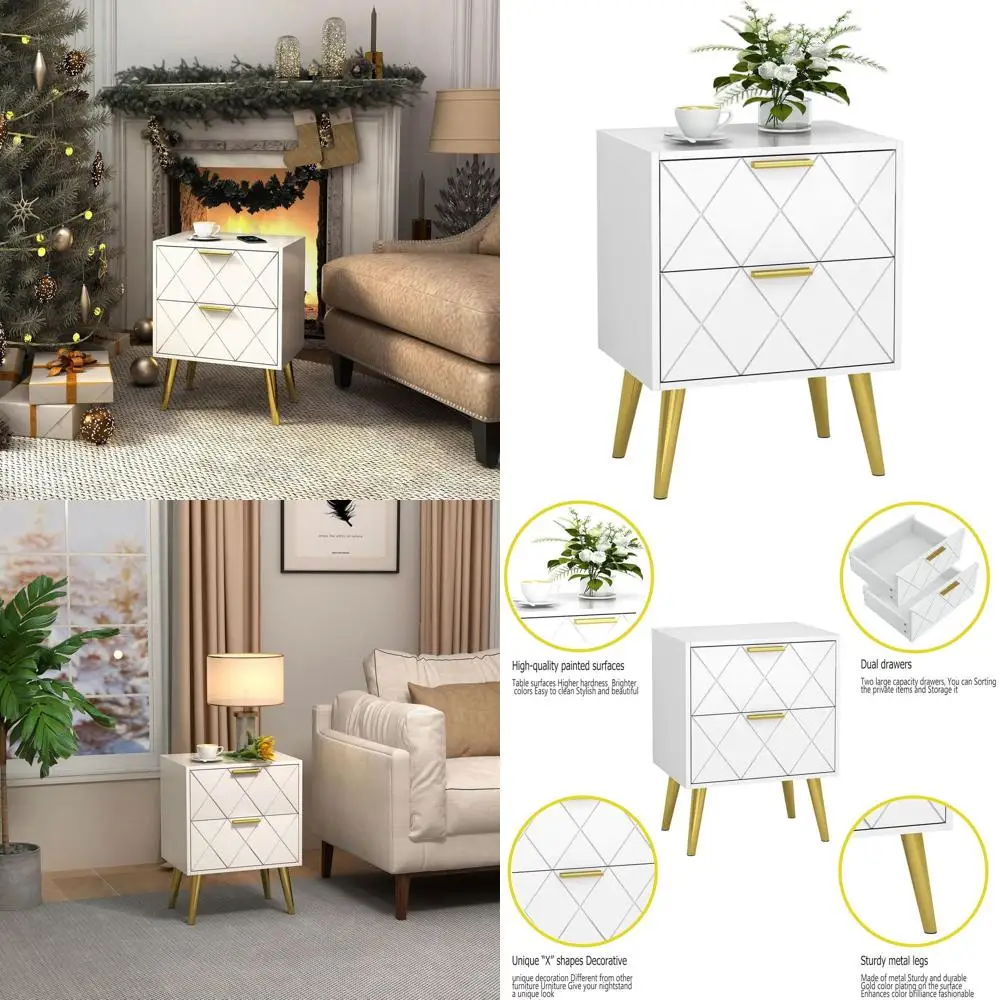 

White Modern 2-Drawer Bedside Table with Gold Legs for Living Room and Bedroom