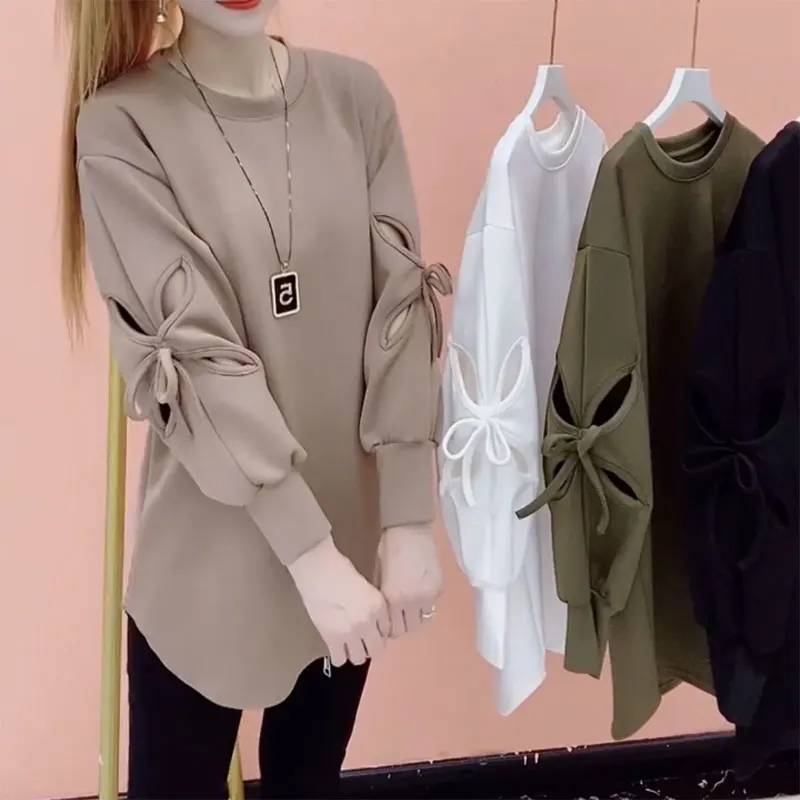 Stylish Solid Color Cut Out Sweatshirts Female Clothing Korean Loose Spring Autumn Long Sleeve Casual Bow Round Neck Pullovers