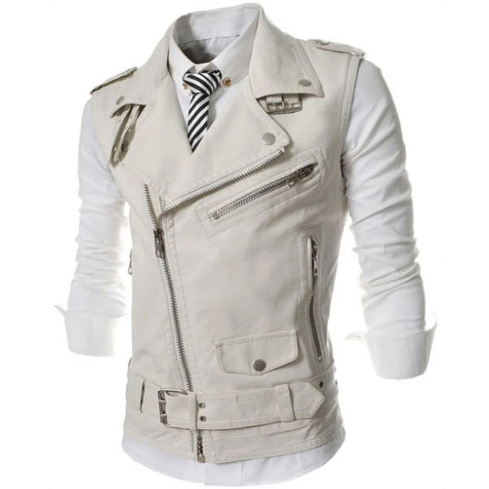 High Quality Men's Fashion Leather Vest Jacket Sleeveless Diagonal Zipper Windproof Design Cool Coat