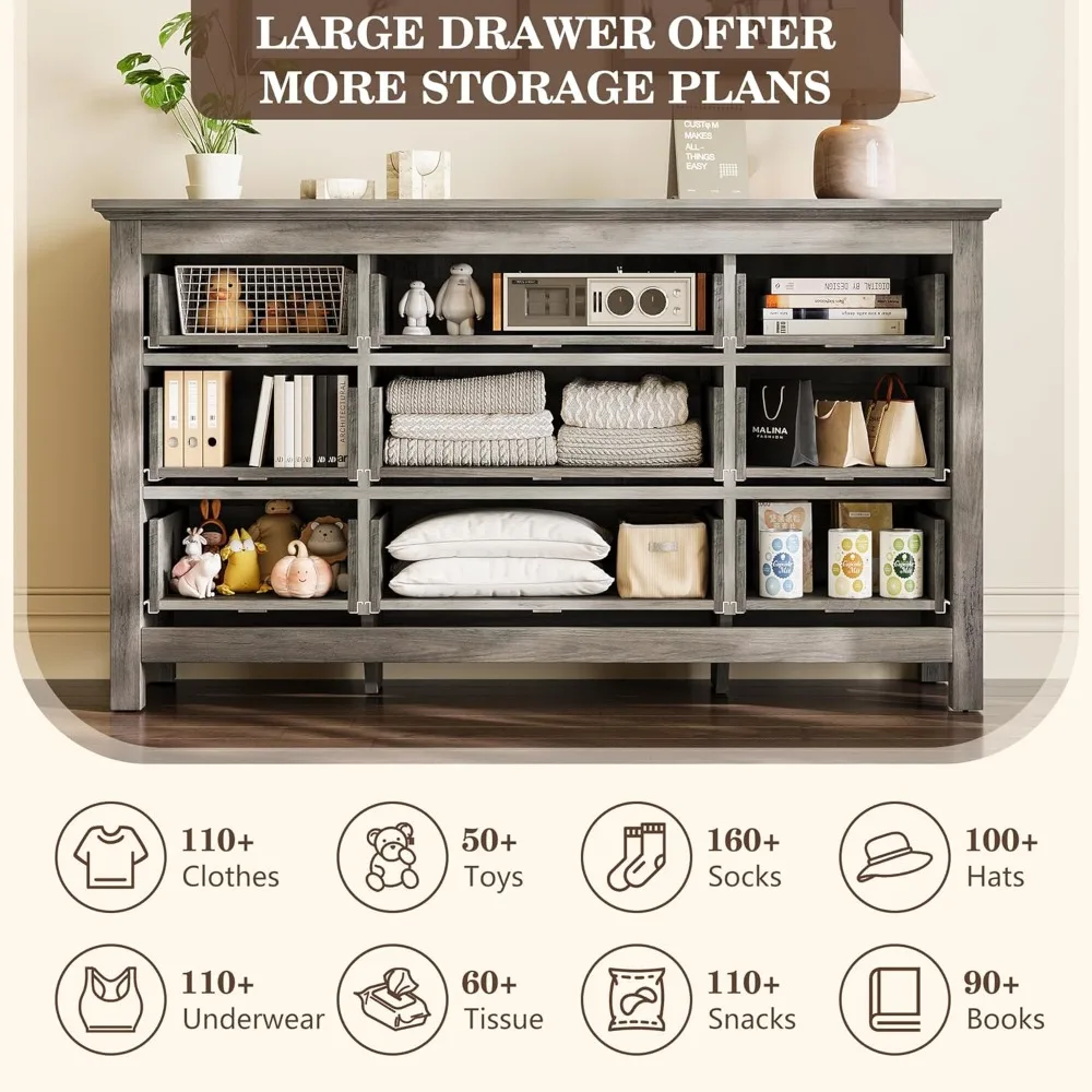 خزانة ذات 9 أدراج، خزانة كبيرة مقاس 57 بوصة لغرفة النوم، خزانة ذات أدراج خشبية بمقبض معدني، حامل تلفزيون لتلفزيون 70 بوصة