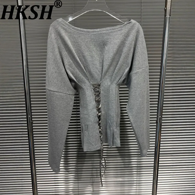 

HKSH Autumn New Women T-shirt O-neck Long Sleeve Lace-up Pleated Slim Fit Stylish Korean Elegant Tide Versatile Chic Top HK12070