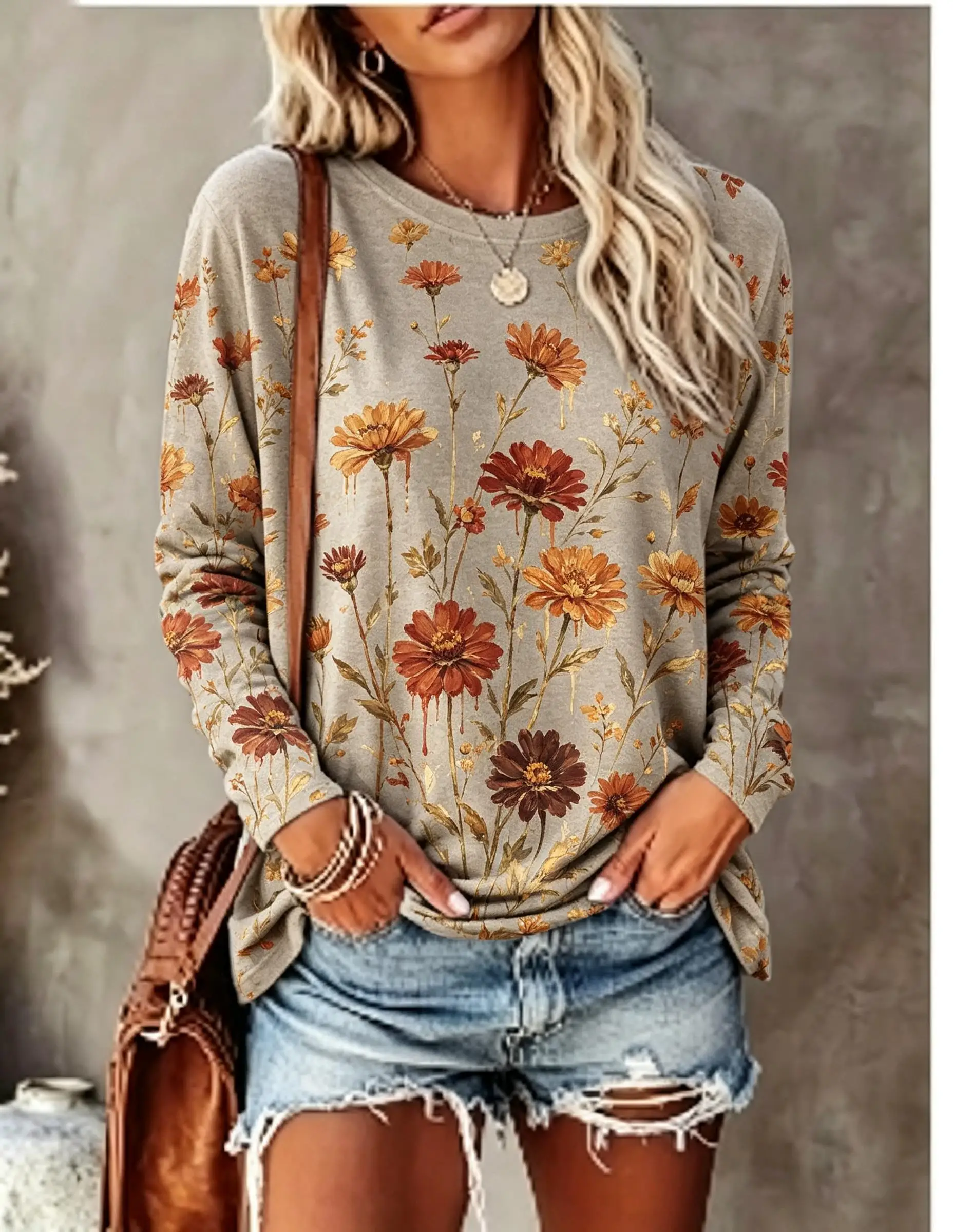 Women Long Sleeve T‑Shirt Oil Painting Iris Floral Vintage Art Print Crew Neck Casual Fall Tops