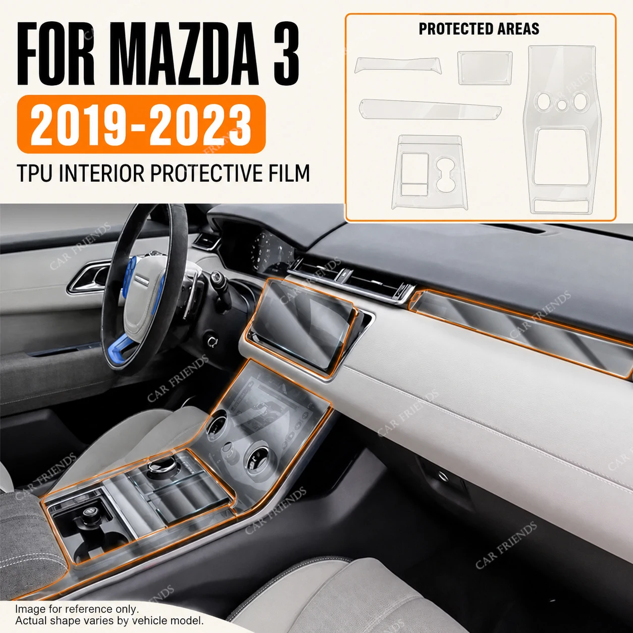 For Mazda 3 2019-2023 Transparent TPU Interior Protective Film Dashboard Piano Board Shift Center Console Pre-cut Anti-scratch