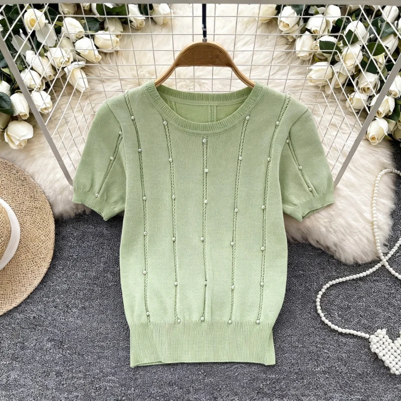 Faux Pearl Beaded Knit Pullover Women's Crew Neck Short Sleeve Puff Sleeve Stretchy Ribbed Casual Elegant Summer Sweater Top