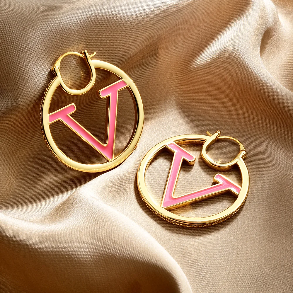 

New Fashion V Letter Hoop Earrings for Women Enamel Stainless Steel Earrings Punk Round Ear Jewelry Gift Trendy