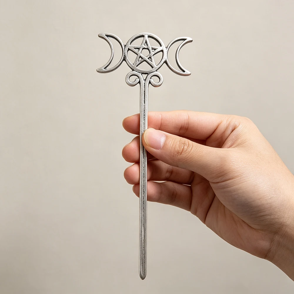 Vintage Triple Moon Pentagram Hair Stick Antique Silver Wiccan Pagan Witch Gothic Goddess Hair Accessories for Women Long Hair
