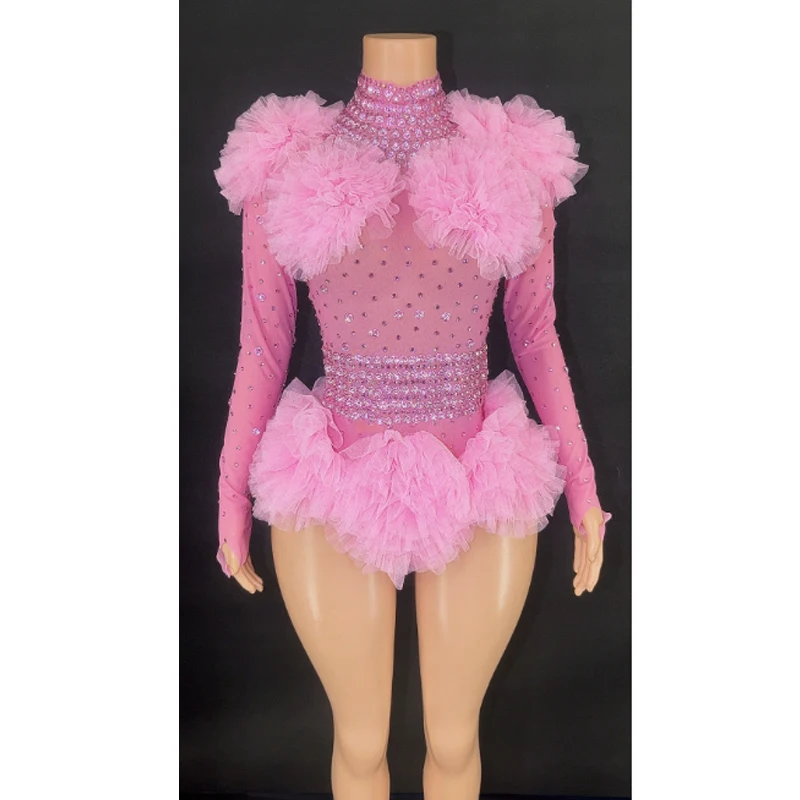 

Sparkly Rhinestones Sheer Bodysuit for Women Sexy Mesh Transparent Performance Dance Costume Dancer Stage Wear Nightclub Outfit