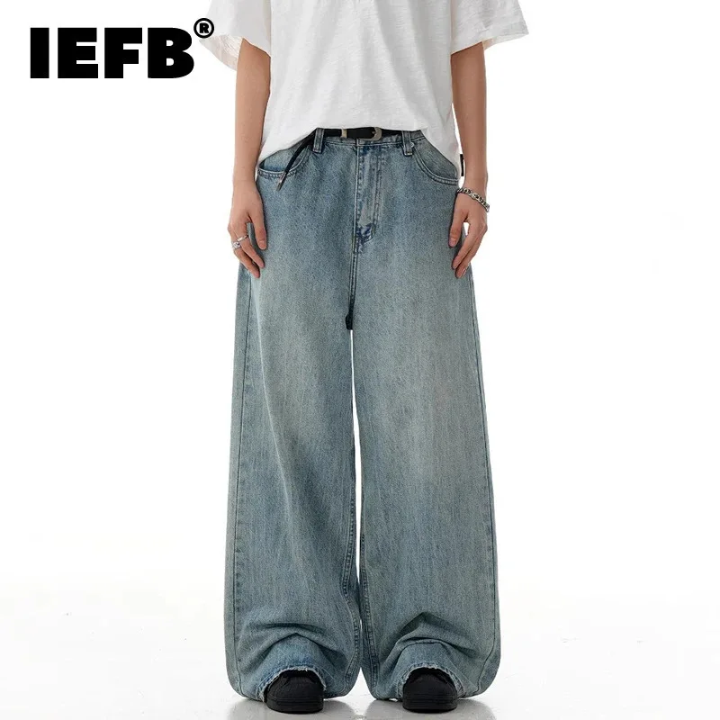 IEFB بنطال جينز أزرق مغسول أمريكي للرجال جديد عصري من قماش الدنيم كلينفيت مستقيم فضفاض واسع الساق بنطلون عتيق ملابس الشارع الشهير 9W3057